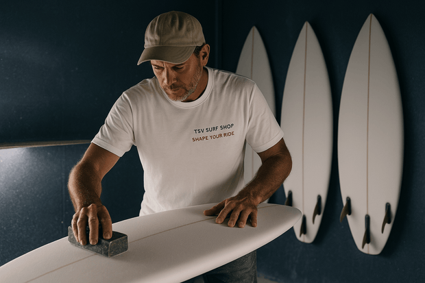 shaper dando forma a una shortboard