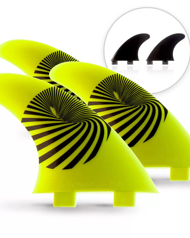 3 QUILLAS Surf Amarillo + 2 Quillas Quad negro de Fibra de Vidrio E8 FIN SYSTEM Talla: A2 M 65-80 Kg.