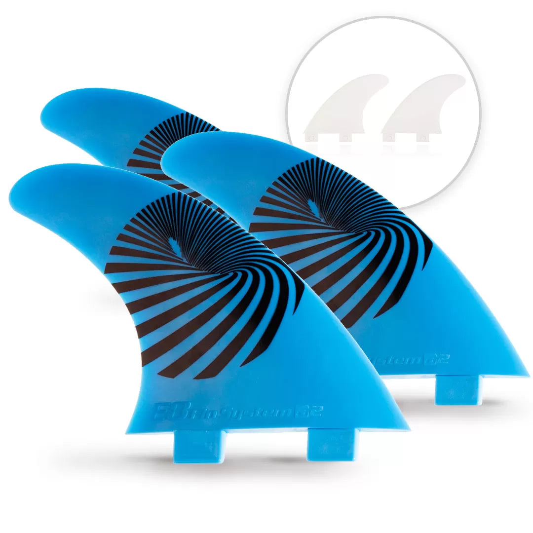 3 QUILLAS Surf Azul FCS + 2 Quillas Quad blancos de Fibra de Vidrio E8 FIN SYSTEM Talla: A2 M 65-80 Kg.