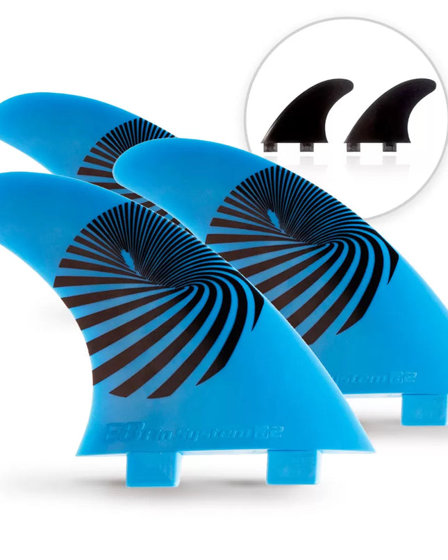 3 QUILLAS Surf Azul FCS + 2 Quillas Quad negros de Fibra de Vidrio E8 FIN SYSTEM Talla: A2 M 65-80 Kg.