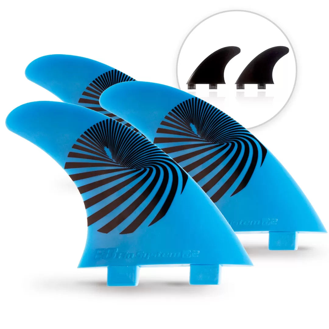 3 Blue FCS Surf FINS + 2 black E8 FIN SYSTEM Fiberglass Quad Fins Size: A2 M 65-80 Kg.