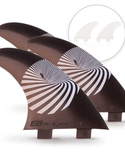 3 Surf FINS + 2 white Fiberglass Quad Fins E8 FIN SYSTEM Size: A2 M 65-80 Kg.