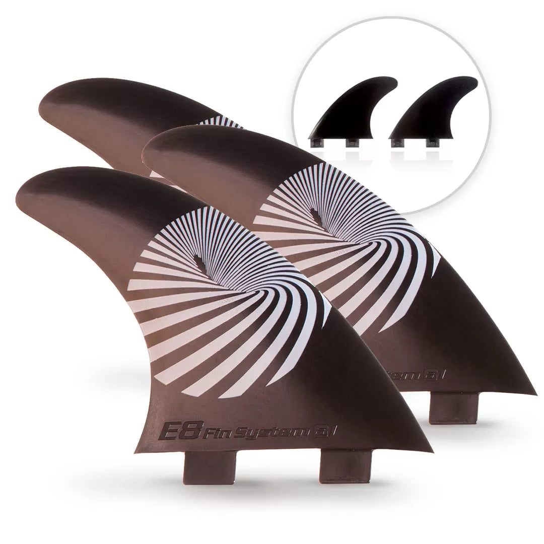 3 Black Surf FINS + 2 E8 FIN SYSTEM Fiberglass Quad Fins Size: A2 M 65-80 Kg.