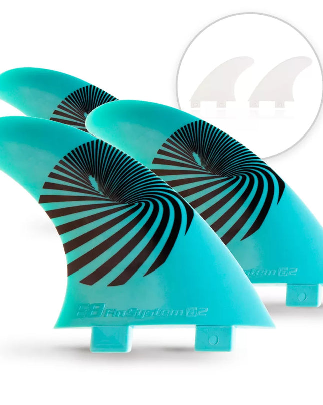 3 Turquoise FCS Surf FINS + 2 white E8 FIN SYSTEM Fiberglass Quad Fins Size: A2 M 65-80 Kg.