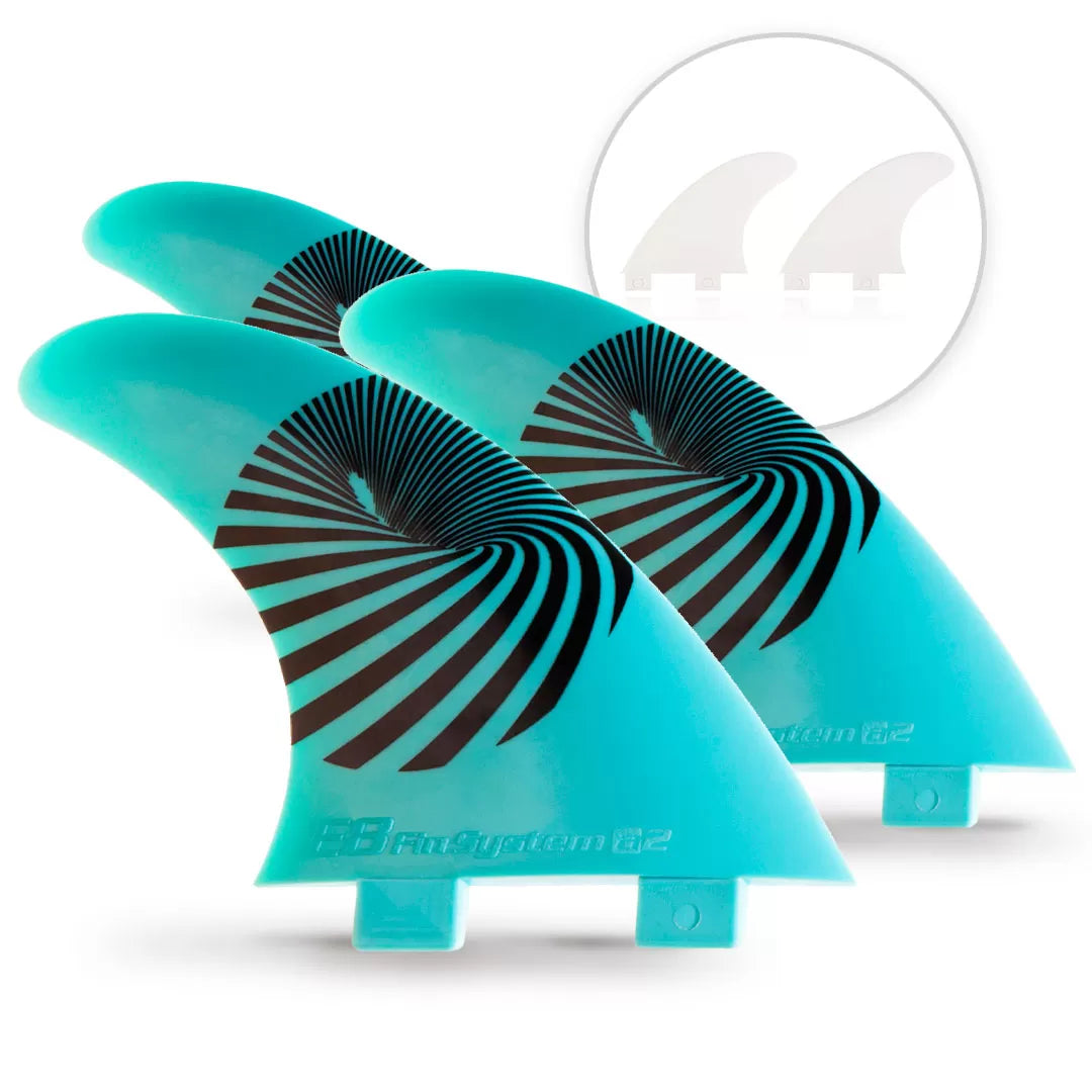 3 Turquoise FCS Surf FINS + 2 white E8 FIN SYSTEM Fiberglass Quad Fins Size: A2 M 65-80 Kg.