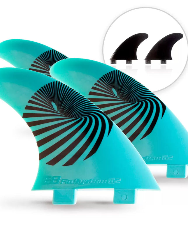 3 FCS Turquoise Surf FINS + 2 black E8 FIN SYSTEM Fiberglass Quad Fins Size: A2 M 65-80 Kg.