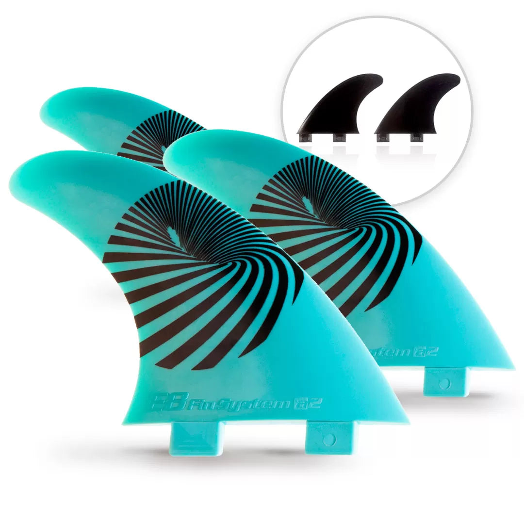 3 FCS Turquoise Surf FINS + 2 black E8 FIN SYSTEM Fiberglass Quad Fins Size: A2 M 65-80 Kg.